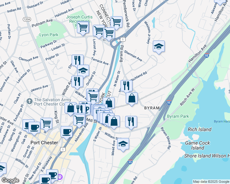 map of restaurants, bars, coffee shops, grocery stores, and more near 105 North Water Street in Greenwich