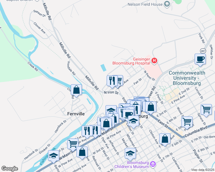 map of restaurants, bars, coffee shops, grocery stores, and more near 100-198 Reservoir St in Bloomsburg
