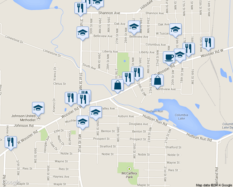 map of restaurants, bars, coffee shops, grocery stores, and more near 1245 Wooster Rd W in Barberton