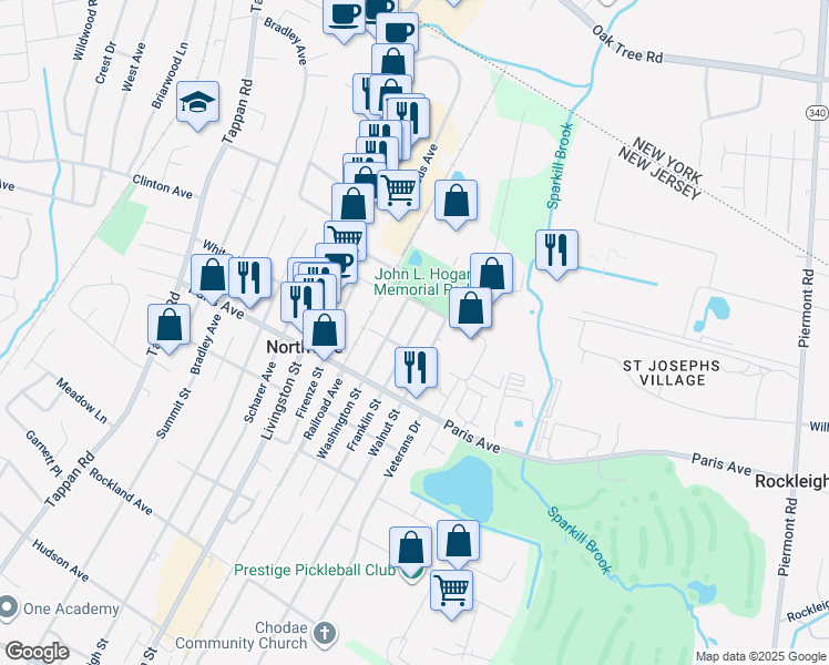 map of restaurants, bars, coffee shops, grocery stores, and more near 218 Franklin Street in Northvale