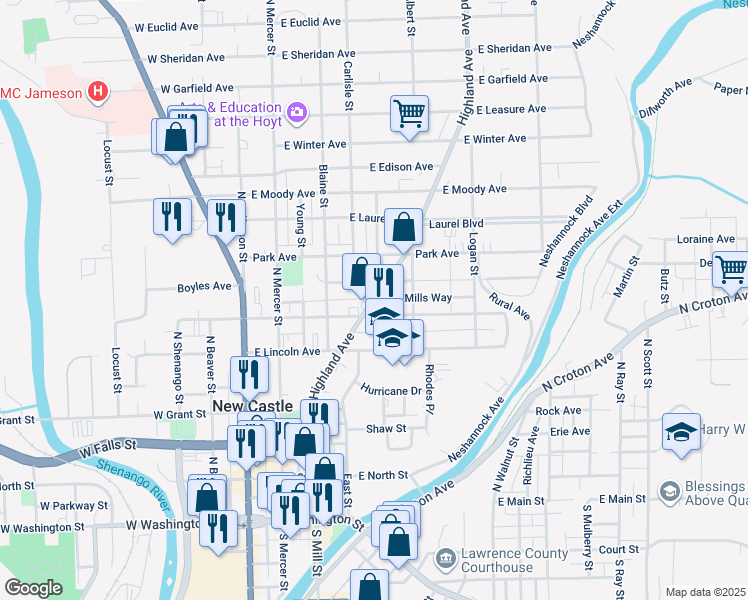 map of restaurants, bars, coffee shops, grocery stores, and more near 634 Highland Avenue in New Castle