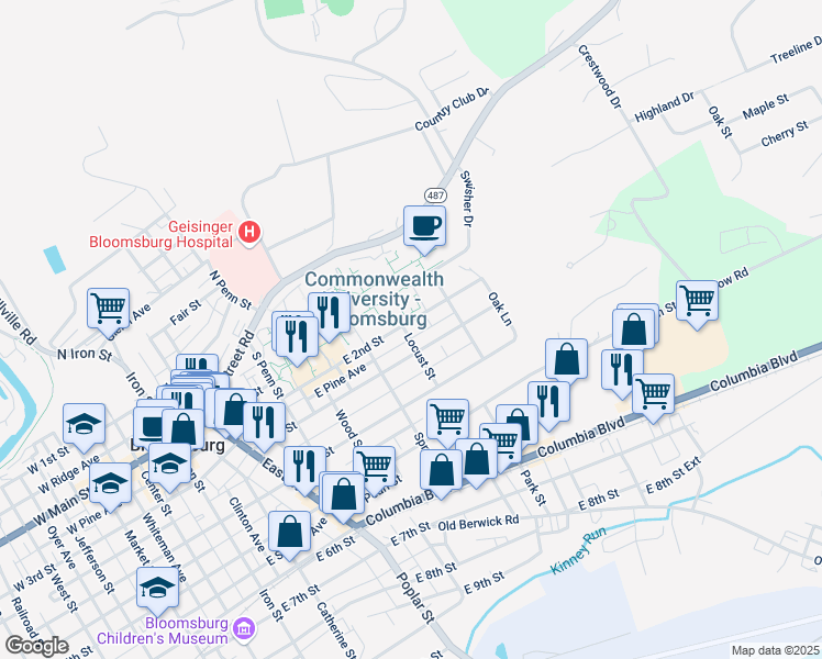 map of restaurants, bars, coffee shops, grocery stores, and more near 702 East 2nd Street in Bloomsburg