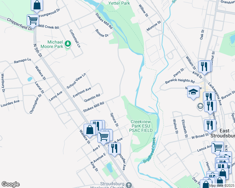 map of restaurants, bars, coffee shops, grocery stores, and more near 810 Stokes Mill Road in Stroudsburg