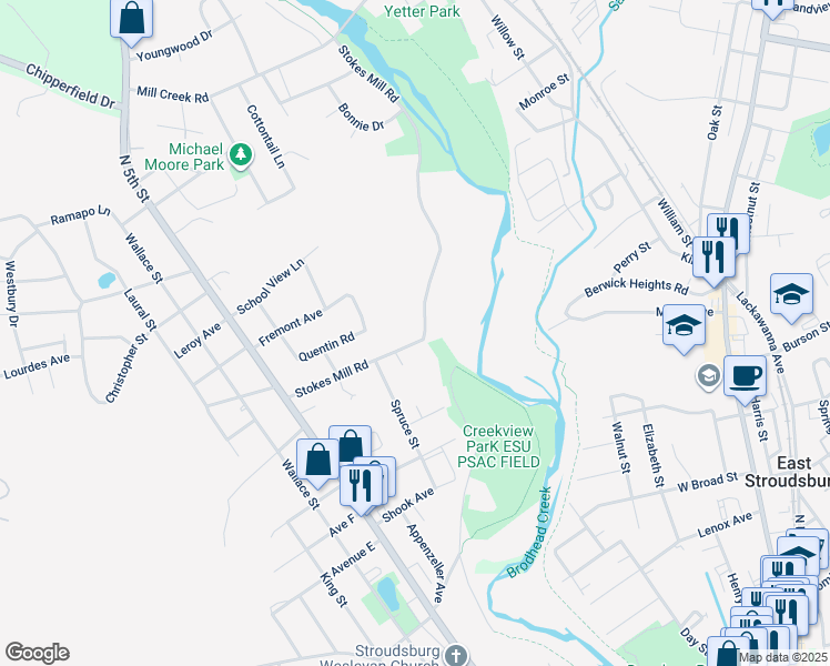 map of restaurants, bars, coffee shops, grocery stores, and more near 810 Stokes Mill Road in Stroudsburg