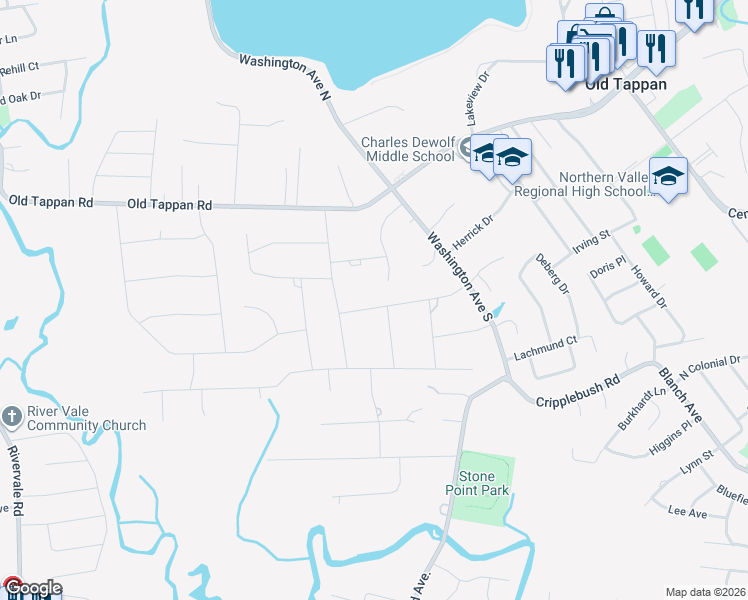 map of restaurants, bars, coffee shops, grocery stores, and more near 26 Arrowhead Road in Old Tappan