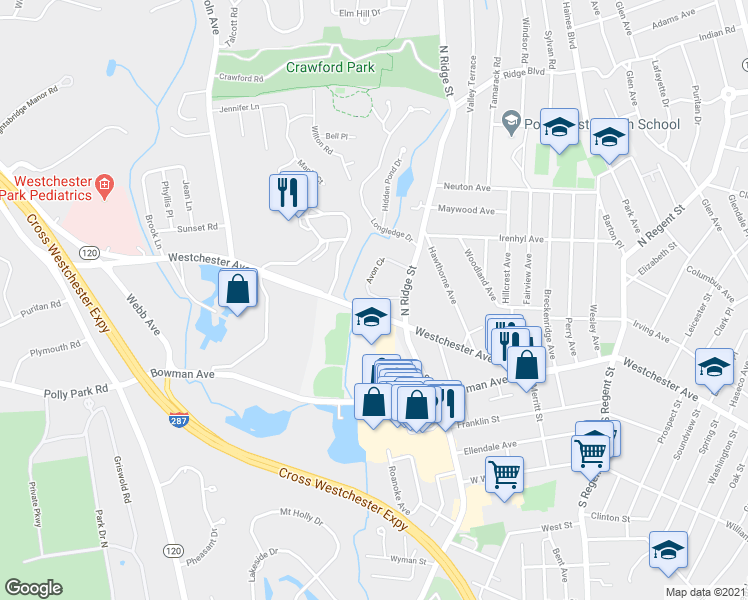 map of restaurants, bars, coffee shops, grocery stores, and more near 87 Avon Circle in Rye Brook