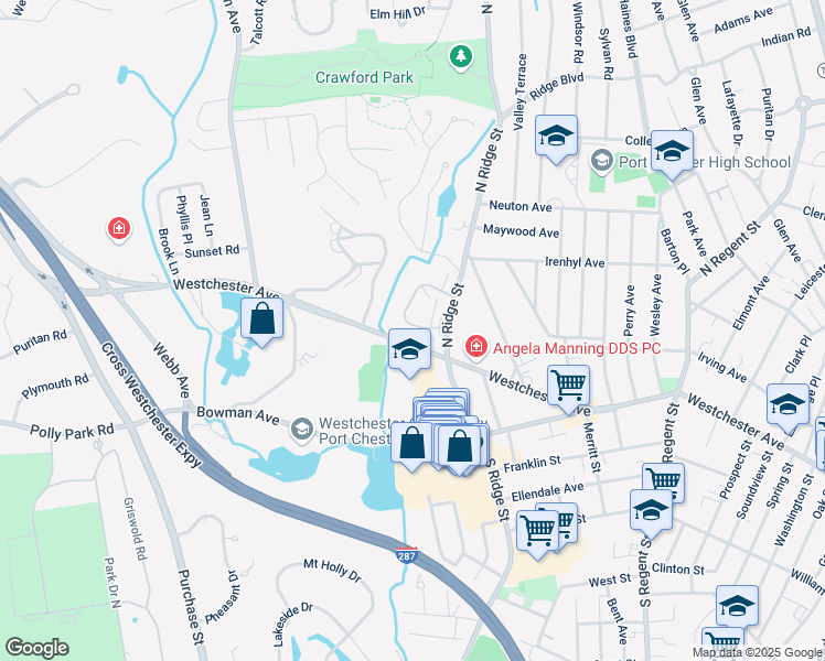 map of restaurants, bars, coffee shops, grocery stores, and more near 87 Avon Circle in Rye Brook