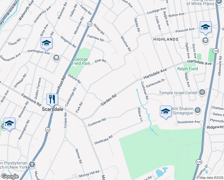map of restaurants, bars, coffee shops, grocery stores, and more near 65 Garden Road in Scarsdale