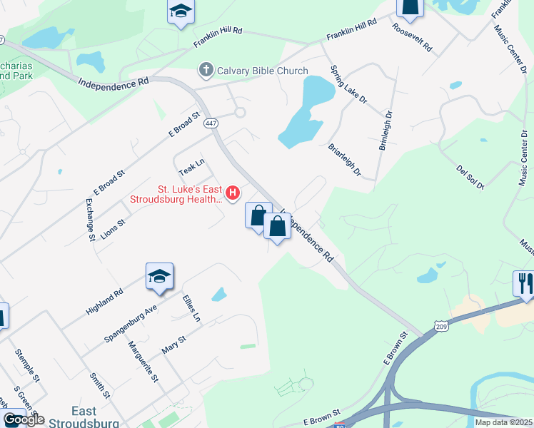 map of restaurants, bars, coffee shops, grocery stores, and more near 216 Independence Road in East Stroudsburg