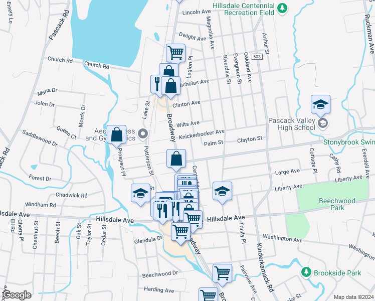 map of restaurants, bars, coffee shops, grocery stores, and more near 119 Central Avenue in Hillsdale