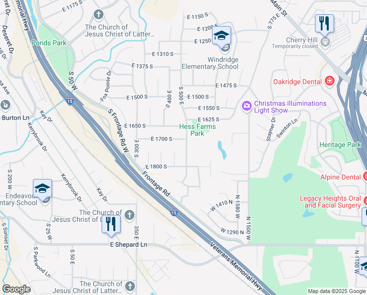map of restaurants, bars, coffee shops, grocery stores, and more near 1732 South 500 East in Kaysville