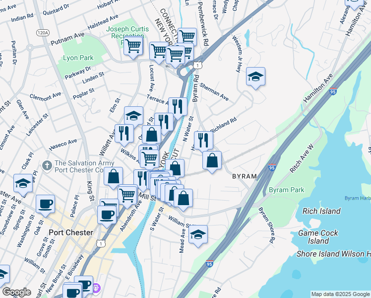 map of restaurants, bars, coffee shops, grocery stores, and more near 105 North Water Street in Greenwich
