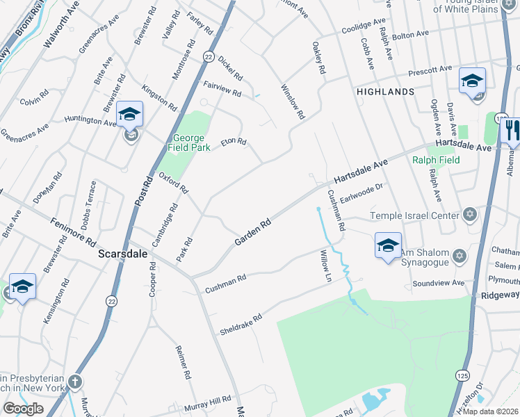 map of restaurants, bars, coffee shops, grocery stores, and more near 65 Garden Road in Scarsdale