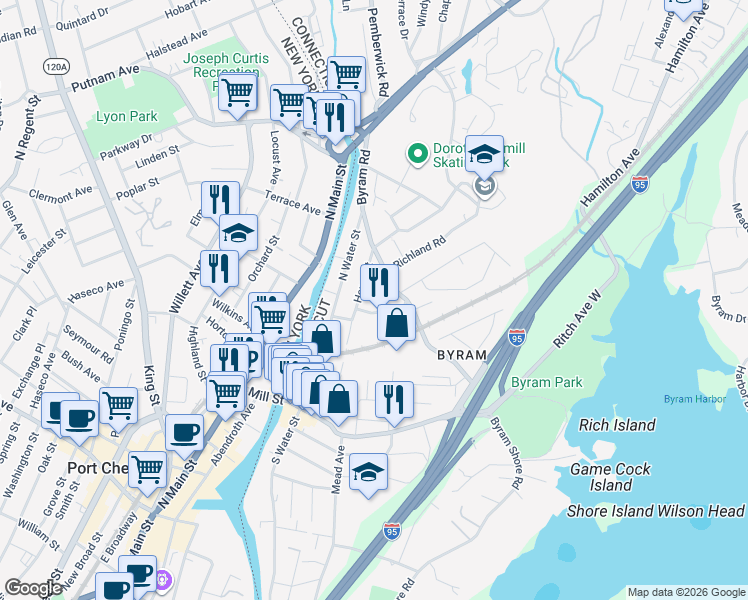 map of restaurants, bars, coffee shops, grocery stores, and more near 31 Gold Street in Greenwich
