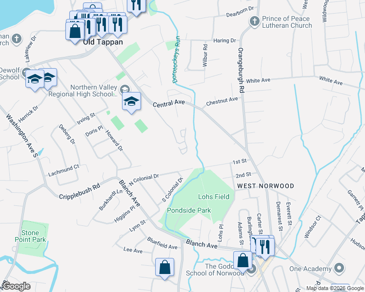 map of restaurants, bars, coffee shops, grocery stores, and more near 24 Foxwood Square South in Old Tappan