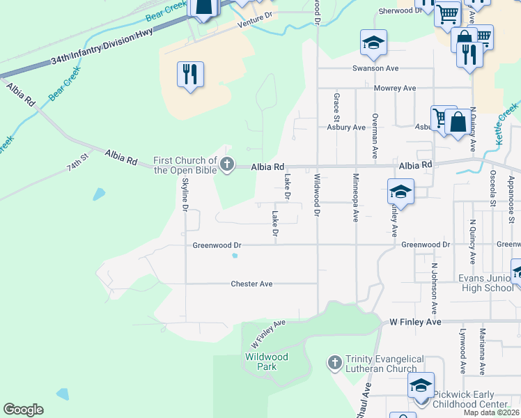 map of restaurants, bars, coffee shops, grocery stores, and more near 411 Lake Drive in Ottumwa
