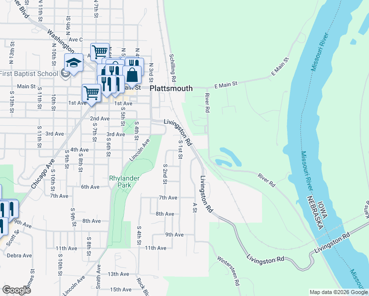 map of restaurants, bars, coffee shops, grocery stores, and more near 503 South 1st Street in Plattsmouth