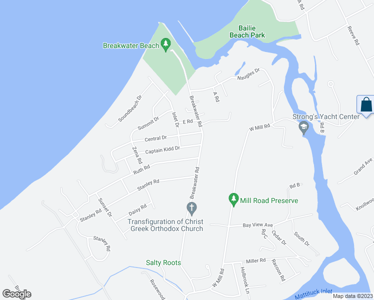 map of restaurants, bars, coffee shops, grocery stores, and more near 305 Captain Kidd Drive in Mattituck