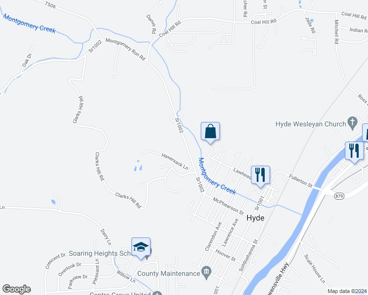 map of restaurants, bars, coffee shops, grocery stores, and more near 2584 Montgomery Run Road in Clearfield
