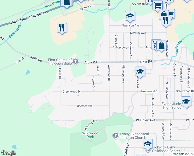 map of restaurants, bars, coffee shops, grocery stores, and more near 507 Gladstone Street in Ottumwa