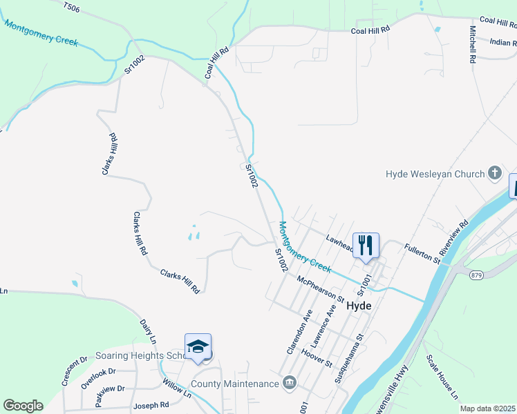 map of restaurants, bars, coffee shops, grocery stores, and more near 2584 Montgomery Run Road in Clearfield