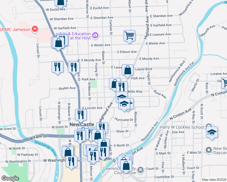 map of restaurants, bars, coffee shops, grocery stores, and more near 139 Mills Way in New Castle