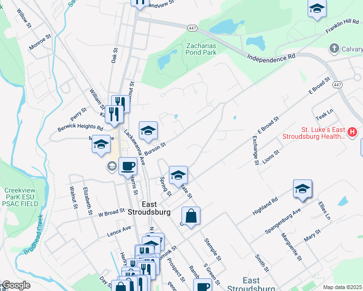 map of restaurants, bars, coffee shops, grocery stores, and more near 10 Floral Lane in East Stroudsburg