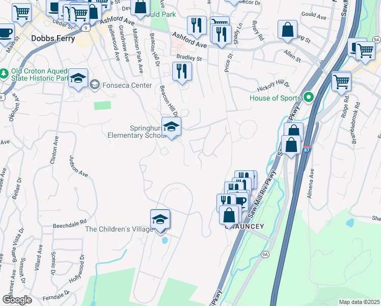 map of restaurants, bars, coffee shops, grocery stores, and more near 53 Ridge Road in Dobbs Ferry