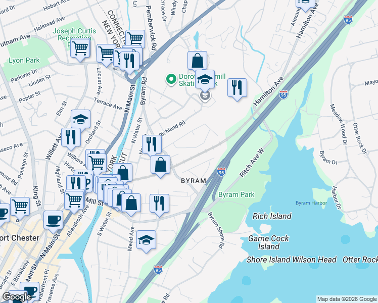 map of restaurants, bars, coffee shops, grocery stores, and more near 15 Hilltop Road in Greenwich