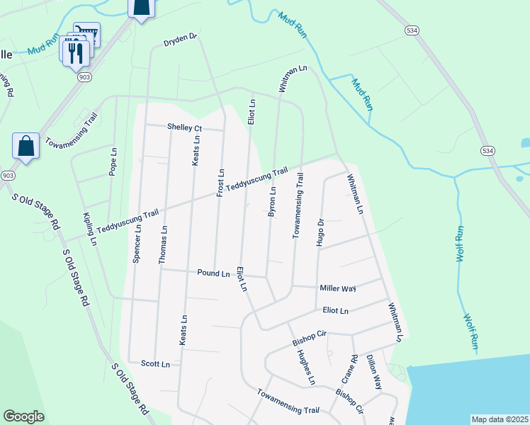 map of restaurants, bars, coffee shops, grocery stores, and more near 57 Byron Lane in Albrightsville