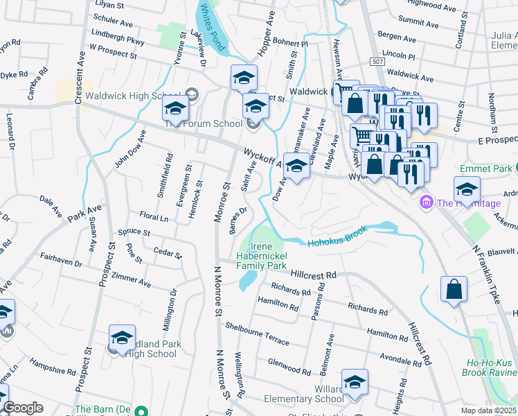 map of restaurants, bars, coffee shops, grocery stores, and more near 983 Andover Terrace in Ridgewood