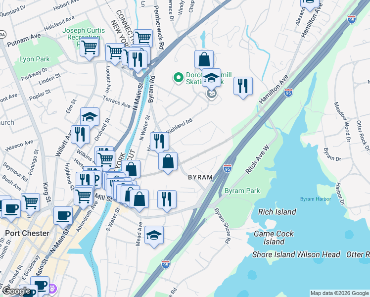 map of restaurants, bars, coffee shops, grocery stores, and more near 15 Hilltop Road in Greenwich