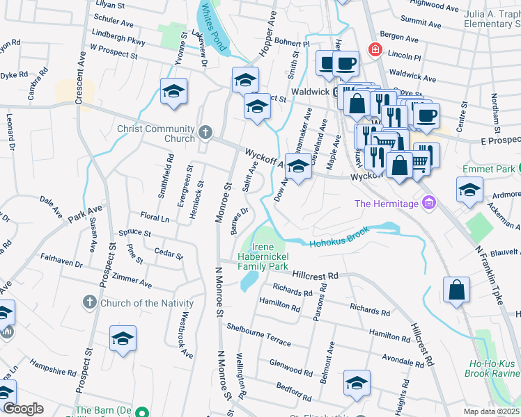 map of restaurants, bars, coffee shops, grocery stores, and more near 983 Andover Terrace in Ridgewood