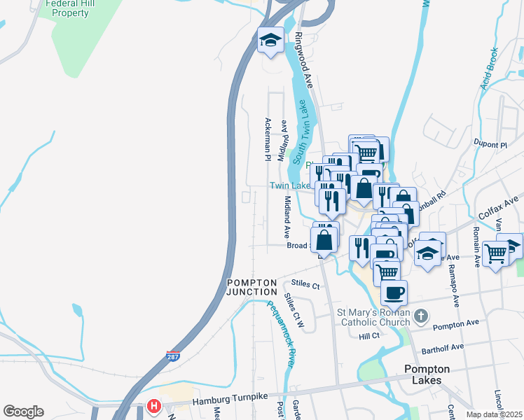 map of restaurants, bars, coffee shops, grocery stores, and more near 430 Montclair Avenue in Pompton Lakes