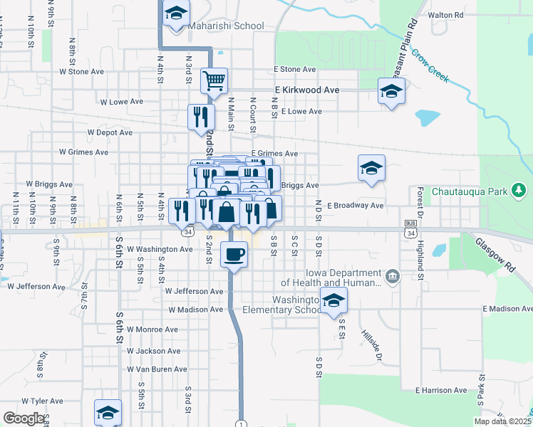 map of restaurants, bars, coffee shops, grocery stores, and more near 55 South Court Street in Fairfield