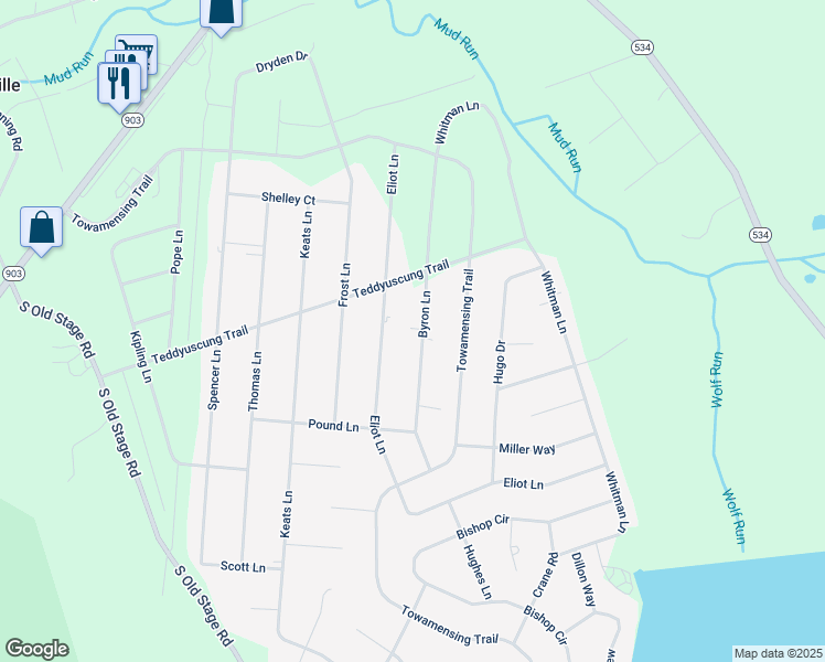 map of restaurants, bars, coffee shops, grocery stores, and more near 57 Byron Lane in Albrightsville