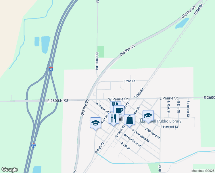 map of restaurants, bars, coffee shops, grocery stores, and more near 300 West 2nd Street in Odell