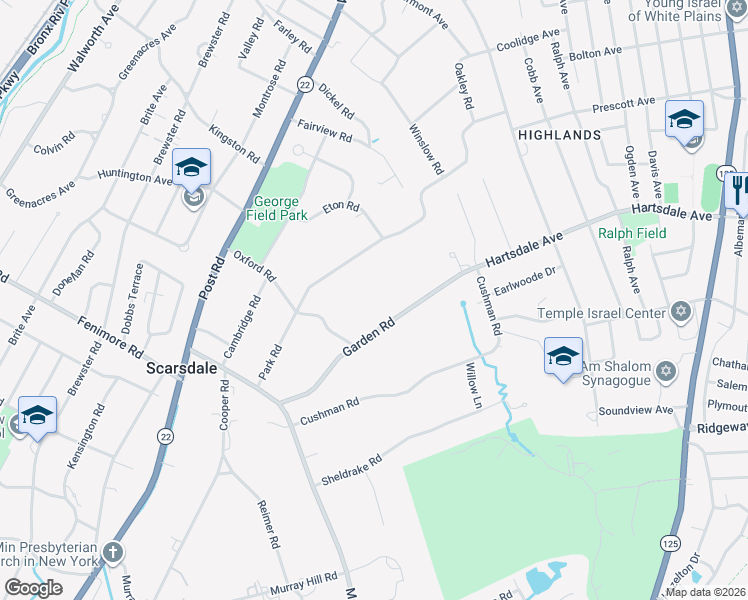 map of restaurants, bars, coffee shops, grocery stores, and more near 65 Garden Road in Scarsdale