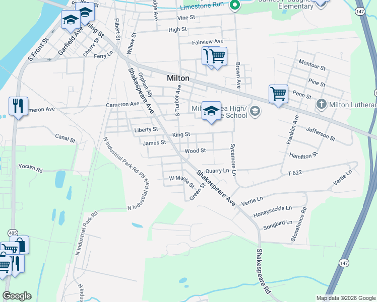 map of restaurants, bars, coffee shops, grocery stores, and more near 22 Wood Street in Milton