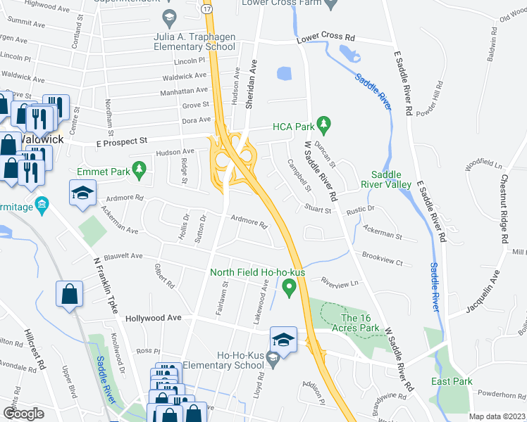 map of restaurants, bars, coffee shops, grocery stores, and more near 425 Ardmore Road in Ho-Ho-Kus
