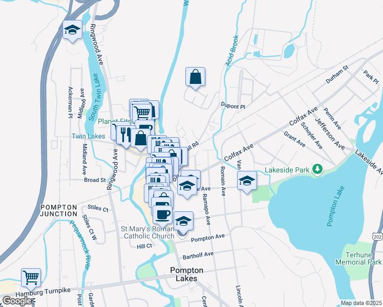 map of restaurants, bars, coffee shops, grocery stores, and more near 130 Adrian Street in Pompton Lakes