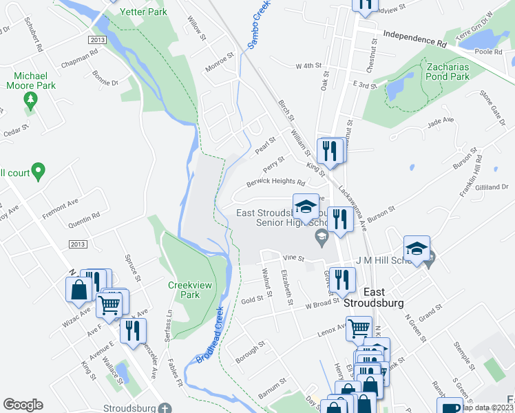 map of restaurants, bars, coffee shops, grocery stores, and more near 137 Maple Avenue in East Stroudsburg