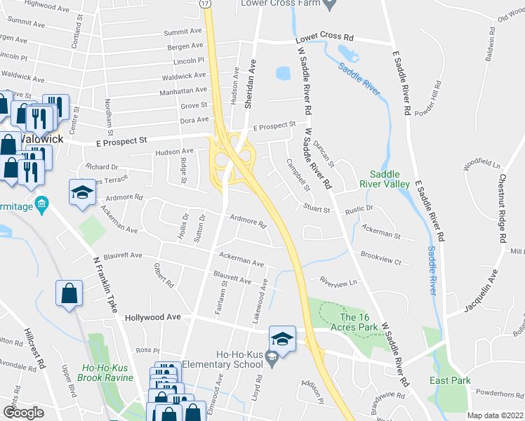 map of restaurants, bars, coffee shops, grocery stores, and more near 425 Ardmore Road in Ho-Ho-Kus
