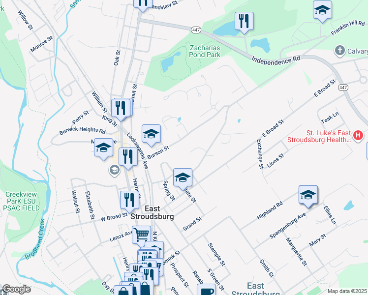 map of restaurants, bars, coffee shops, grocery stores, and more near 10 Floral Lane in East Stroudsburg