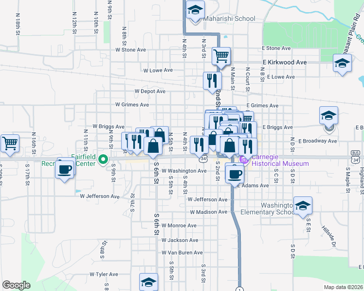 map of restaurants, bars, coffee shops, grocery stores, and more near 2-48 N 4th St in Fairfield