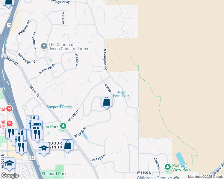 map of restaurants, bars, coffee shops, grocery stores, and more near 1668 North 400 West in Farmington