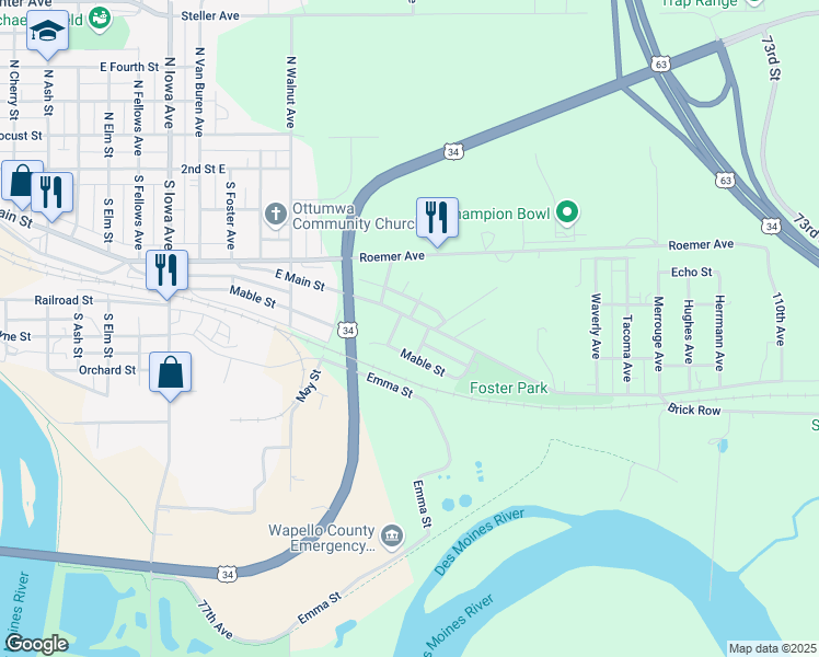 map of restaurants, bars, coffee shops, grocery stores, and more near 2201-2299 Mable Street in Ottumwa
