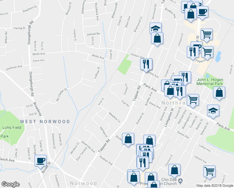 map of restaurants, bars, coffee shops, grocery stores, and more near 40 Virgil Road in Norwood