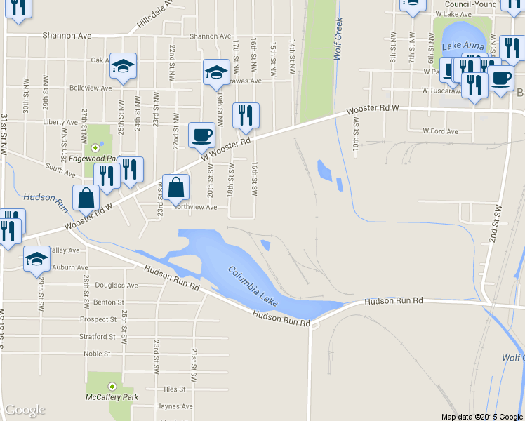 map of restaurants, bars, coffee shops, grocery stores, and more near 99 16th Street Southwest in Barberton