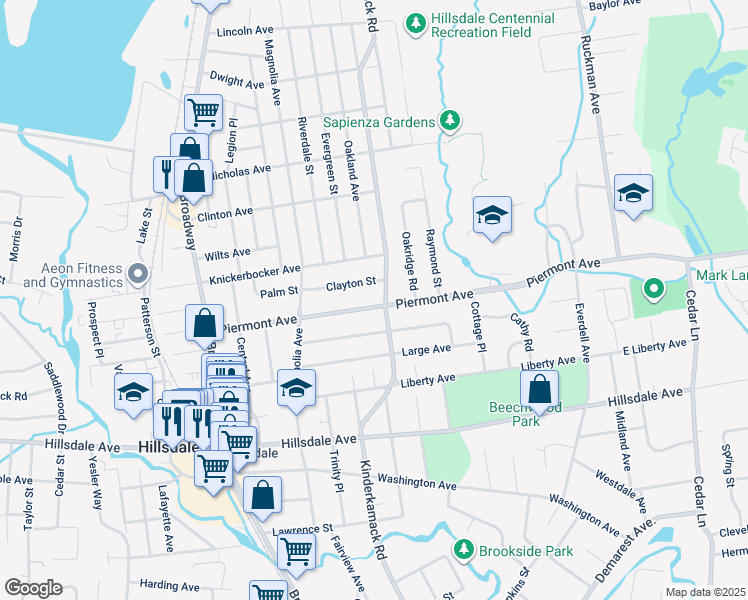 map of restaurants, bars, coffee shops, grocery stores, and more near 193 Kinderkamack Road in Hillsdale